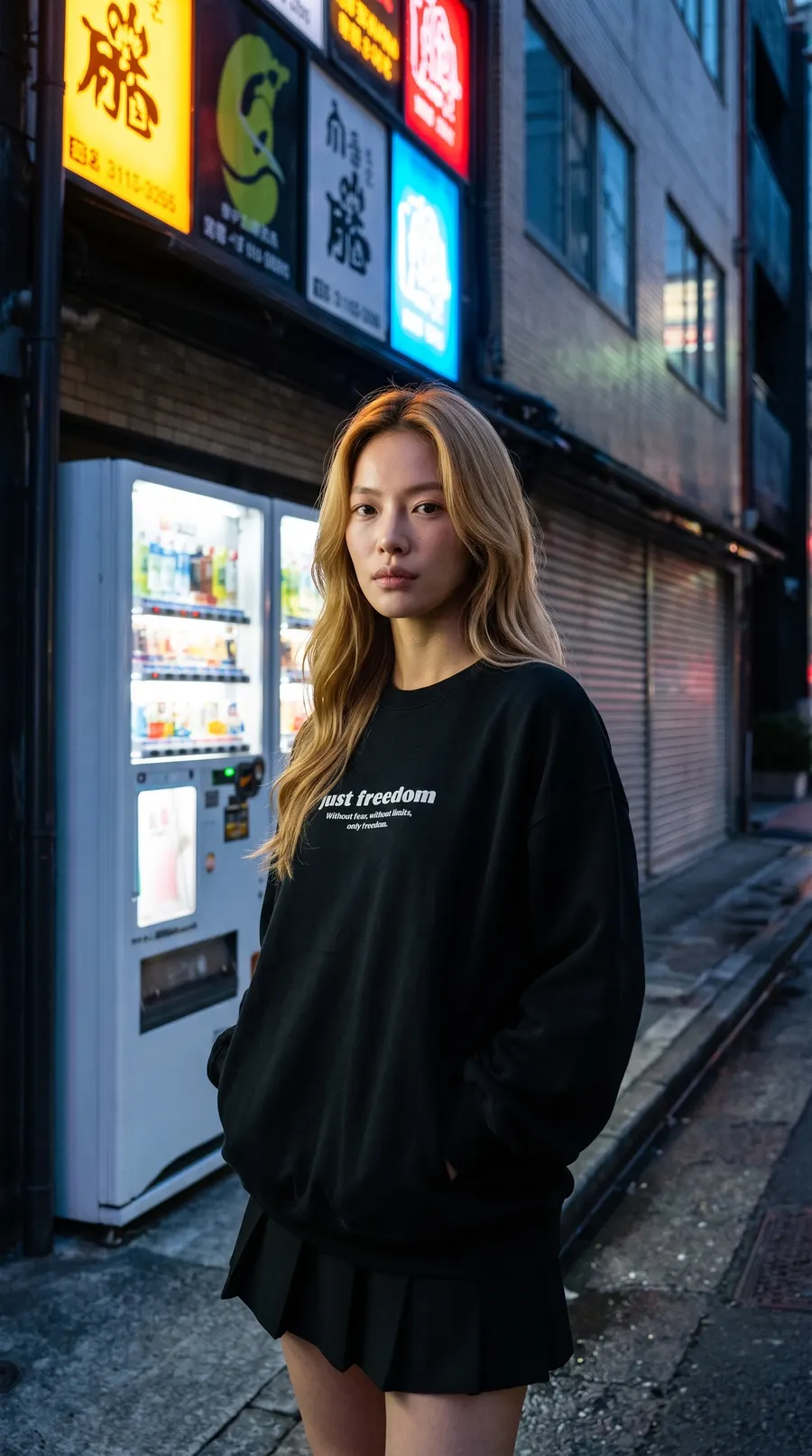 Model in a black sweatshirt standing by a vending machine at night