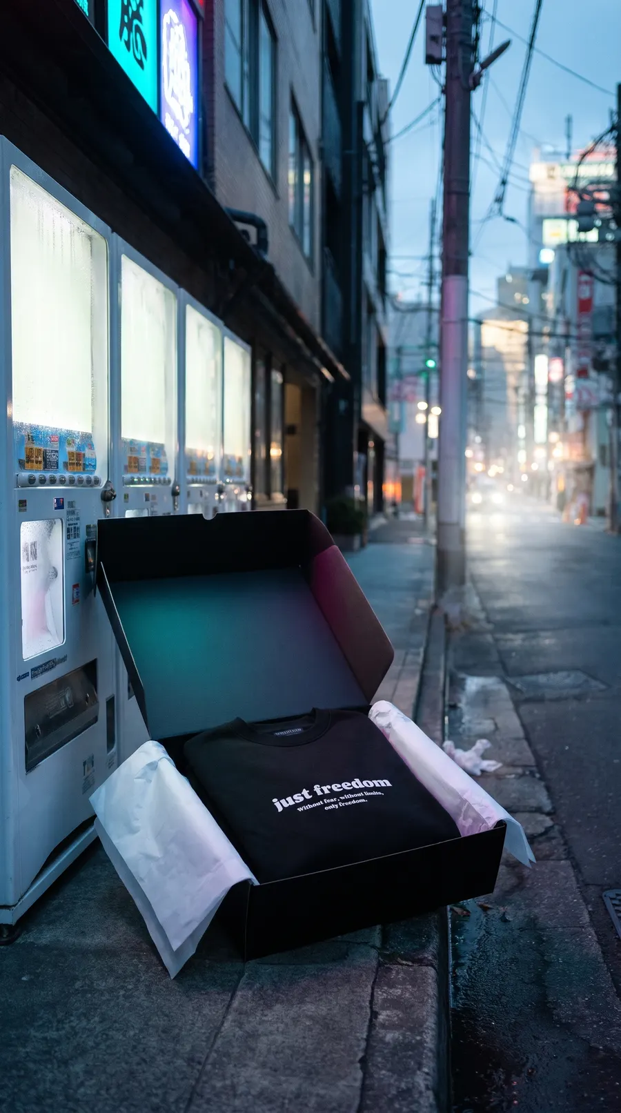 Sweatshirt in an open black box on a wet street