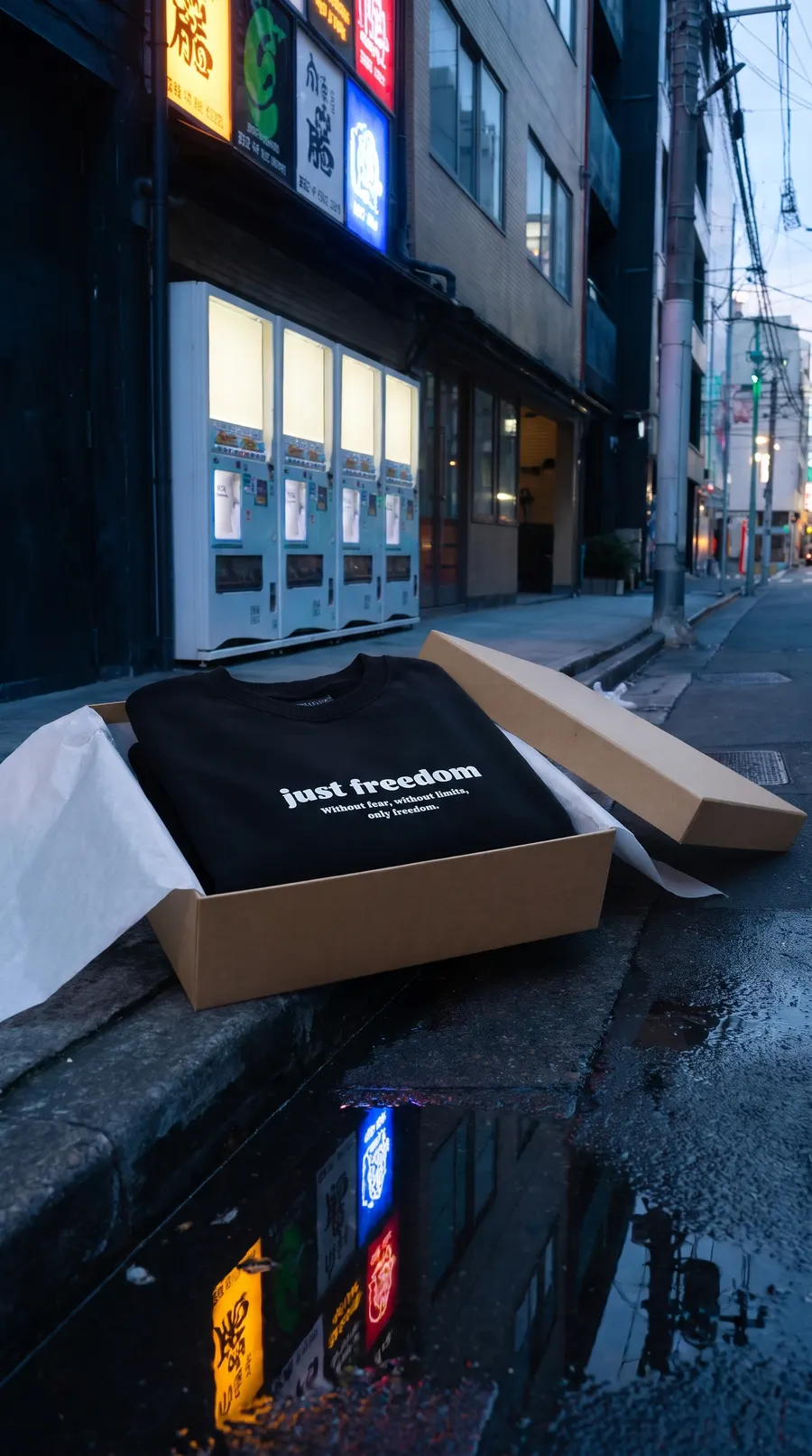 Sweatshirt folded in a kraft box with puddle reflections
