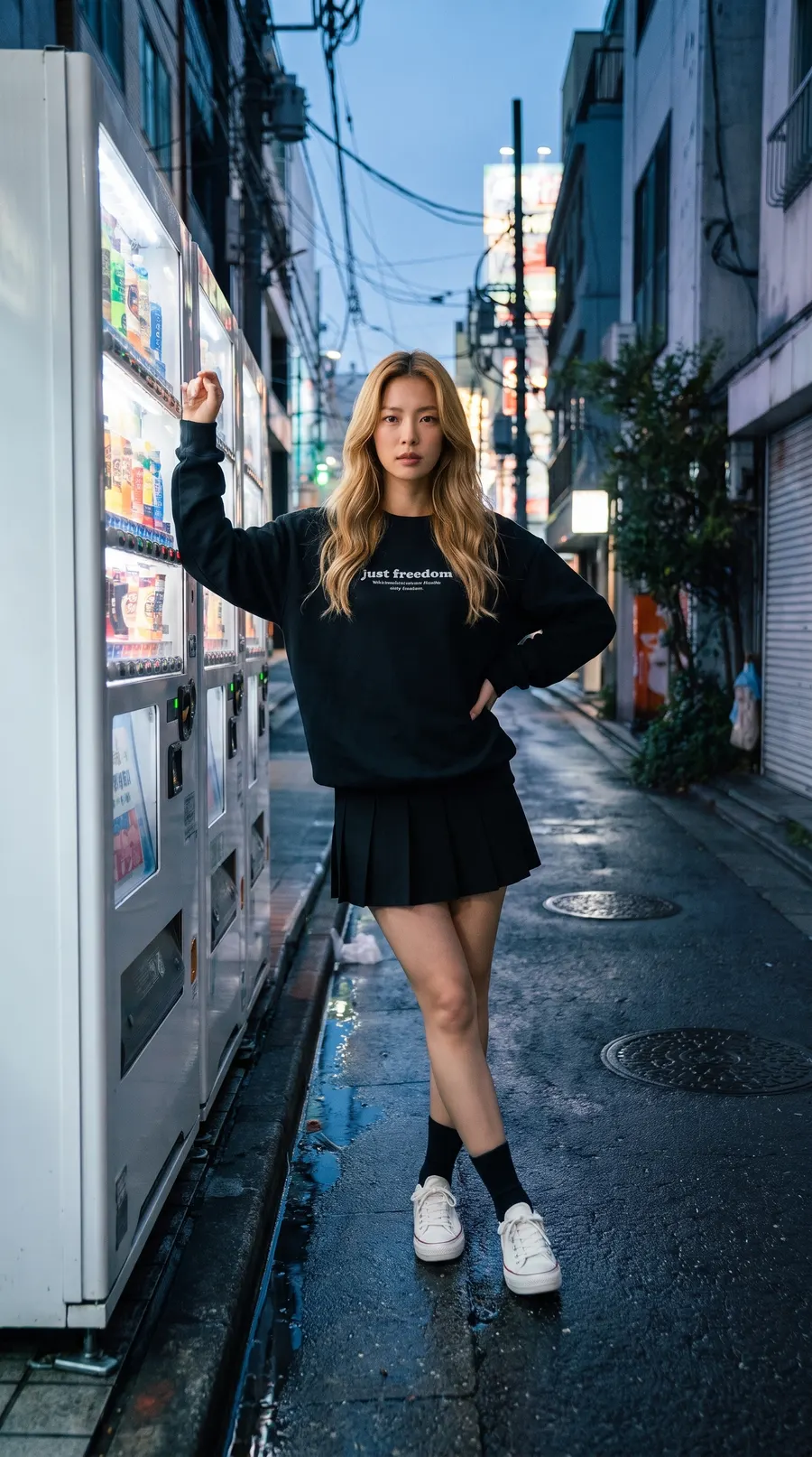 Model posing in the sweatshirt on a street at dusk