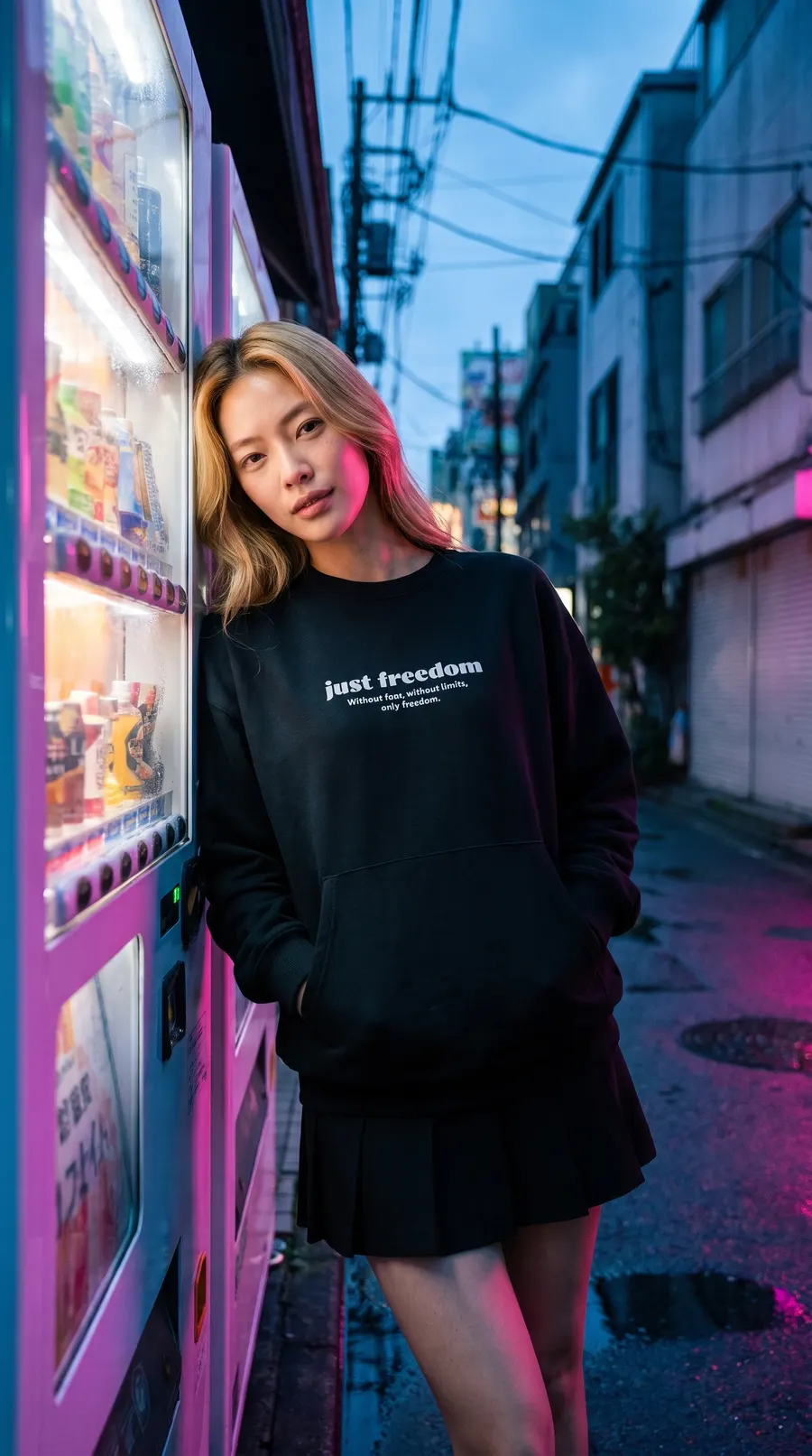 Close-up of the model leaning on a pink vending machine